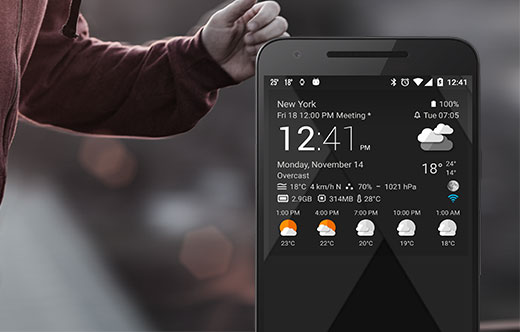 Transparent clock & weather widget 09 (4x3) using weather icons from TCW material iconm pack and black material design wallpaper