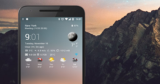 Transparent clock & weather widget 09 (4x3) using weather icons from TCW material iconm pack and black material design wallpaper