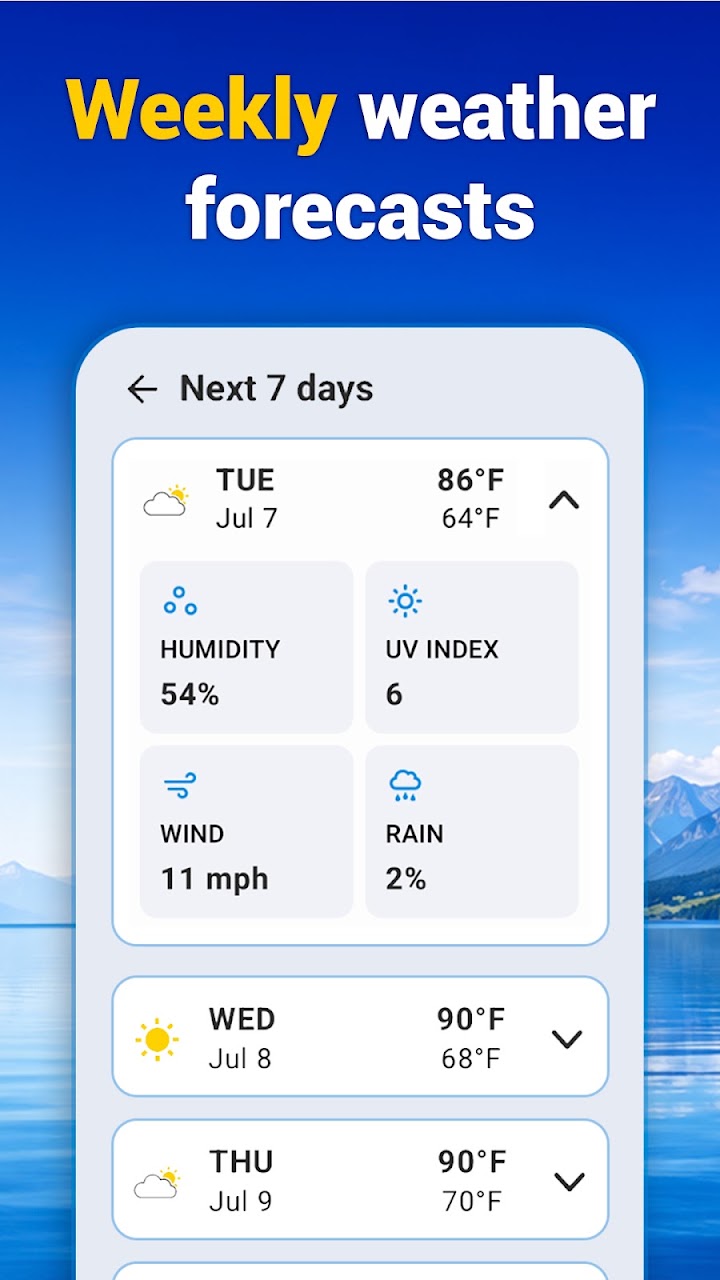 Seven-day forecast with humidity, UV index, wind and rain