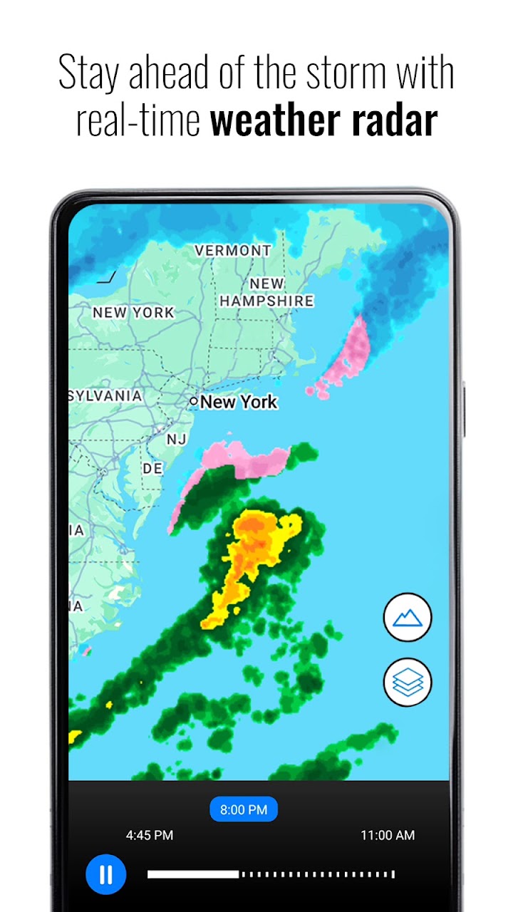 Real-time weather radar showing a storm approaching New York
